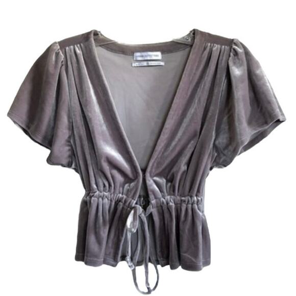 Urban Outfitters Goldie Velvet Tie Top Flutter Sleeve Size Small Silver Velour - Picture 5 of 8